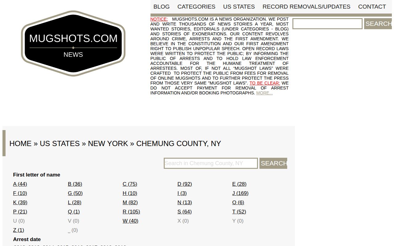 Chemung County third-party directory page at Mugshots.com