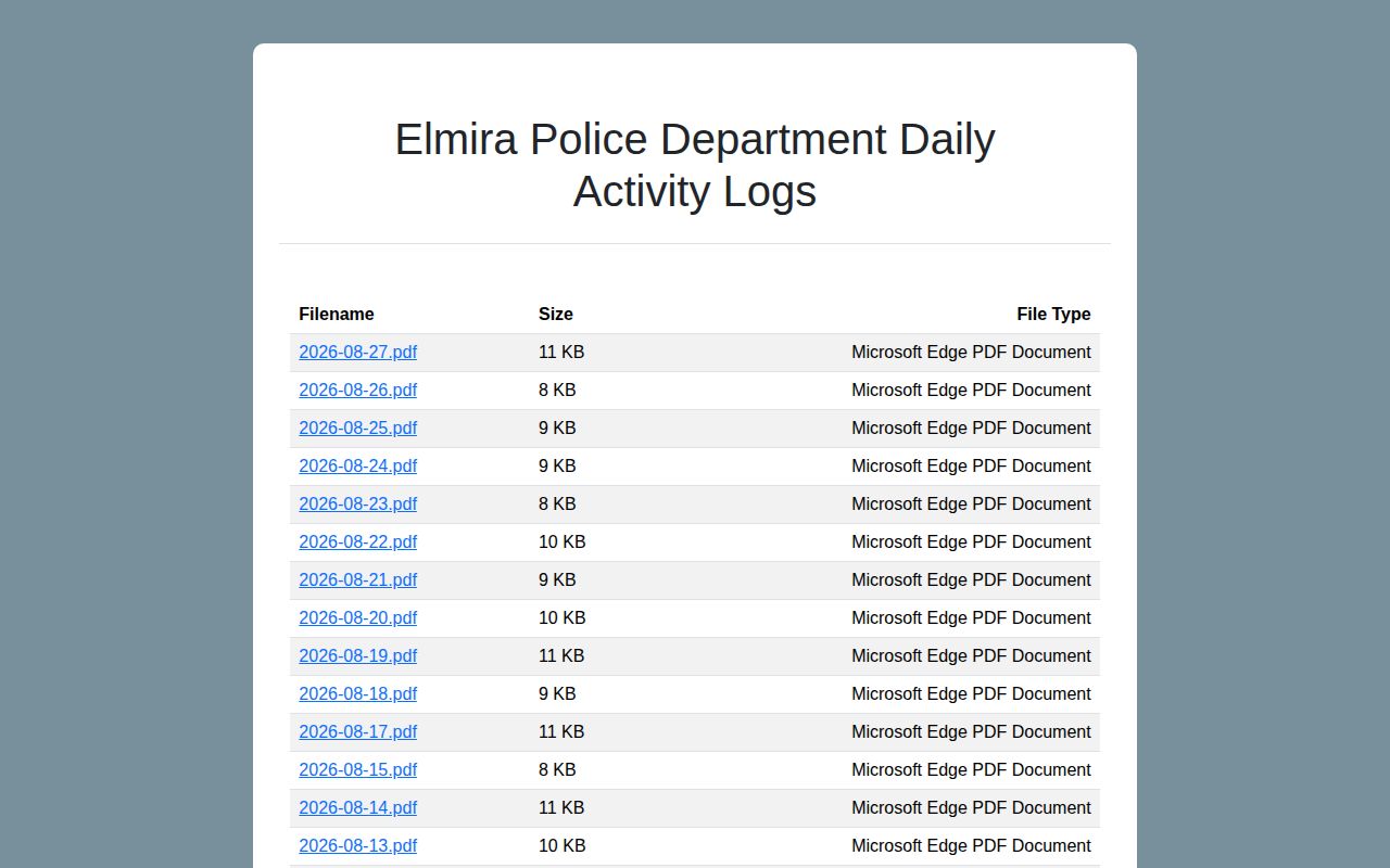Chemung County Elmira Police activity-log directory, official arrest record source