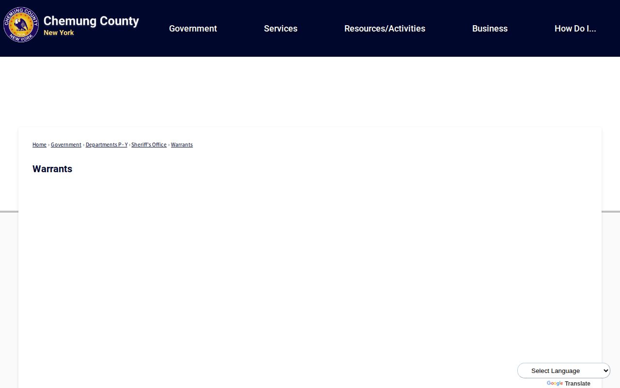 Chemung County warrant page linking to official wanted records