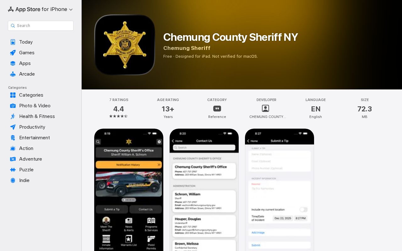 Chemung County Sheriff app listing with jail and tip information